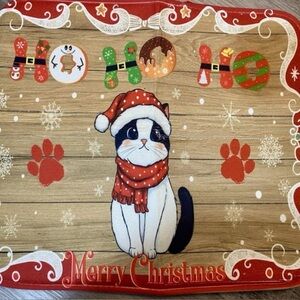 Christmas Dish Drying Mat Cat/Kitten Santa Hat Absorbent  Ho Ho Ho 16"x 18"